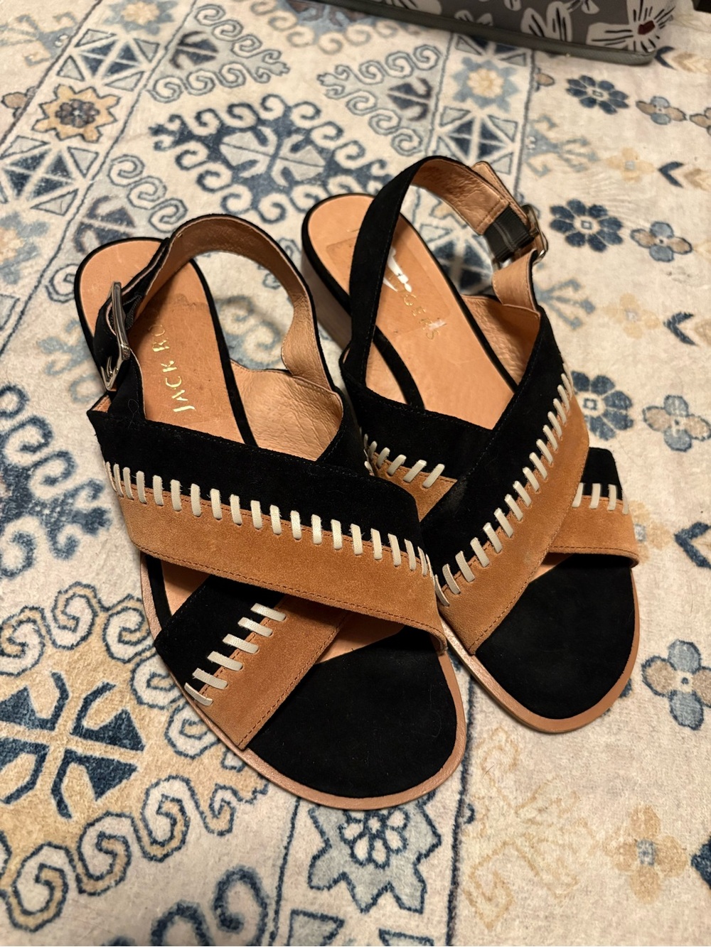Jack Rogers Woven Suede Crisscross Sandals in Black and Tan